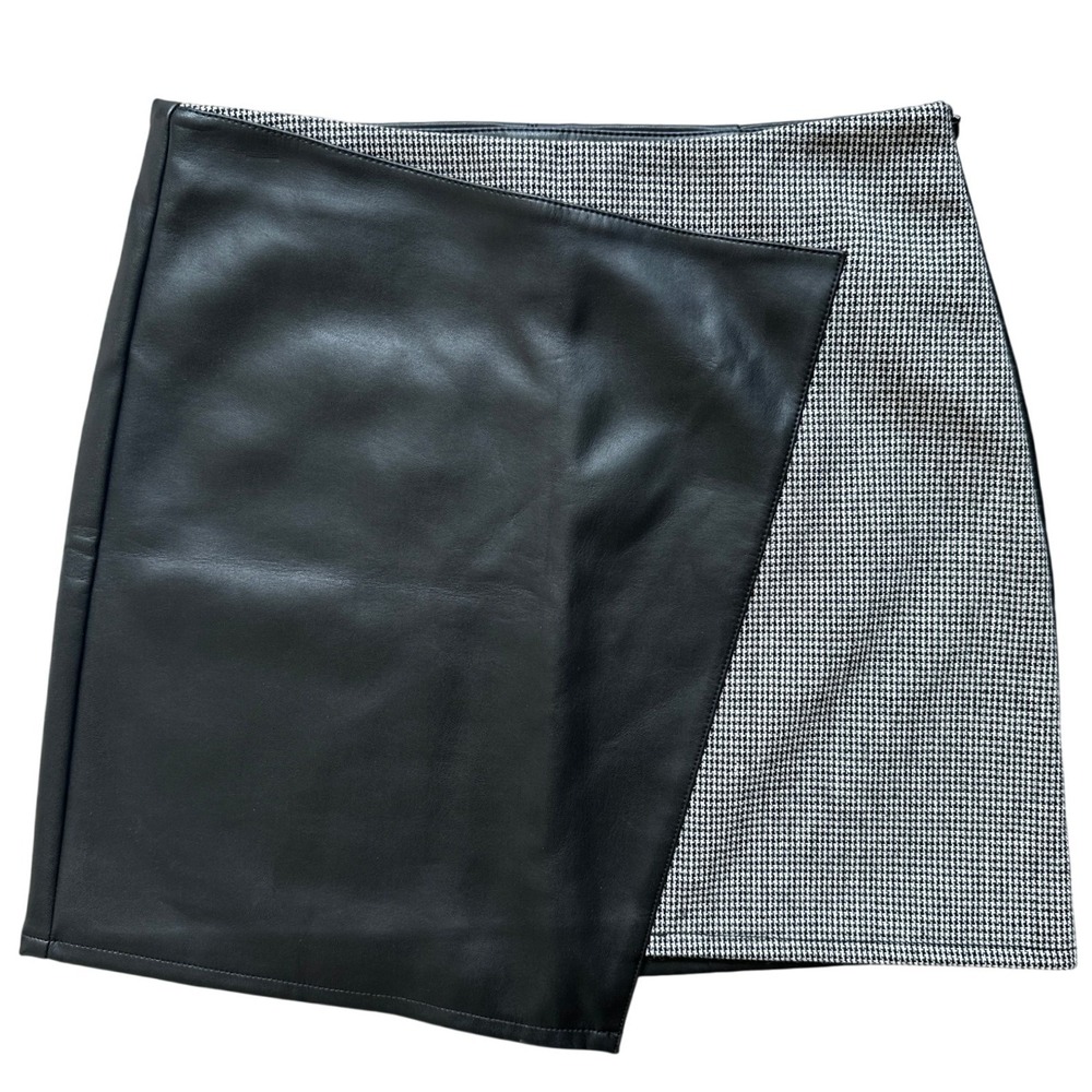 Mango Retro Asymmetrical Micro Mini Skirt 6 Black Faux Leather Houndstooth Tweed